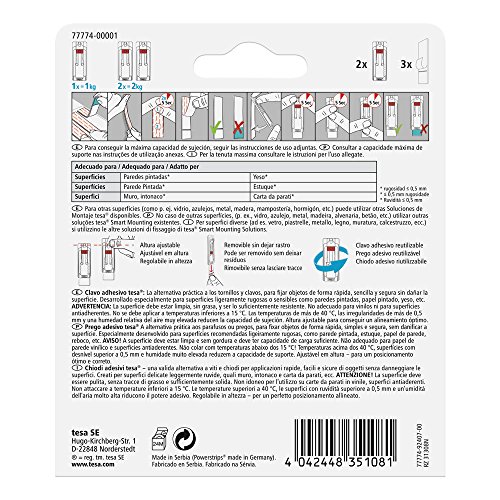 Tesa Clavo adhesivo ajustable, ideal para cuadros, para paredes pintadas y yeso (1 kg) & Command 17206 Pack de 8 Tiras para Cuadros Grandes Color Blanco, Set de 8 Piezas