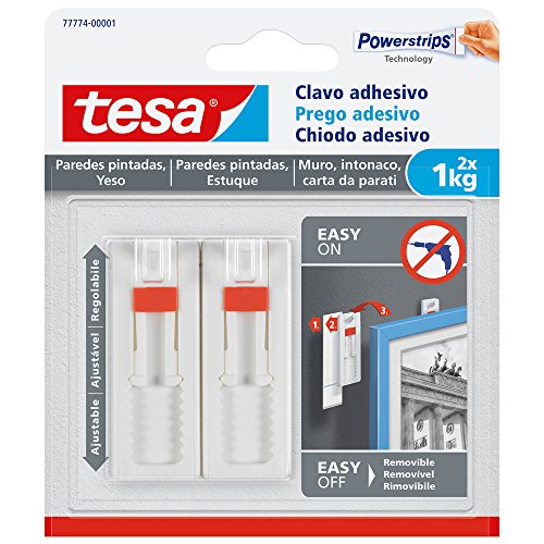 Tesa Clavo adhesivo ajustable, ideal para cuadros, para paredes pintadas y yeso (1 kg) & Command 17206 Pack de 8 Tiras para Cuadros Grandes Color Blanco, Set de 8 Piezas