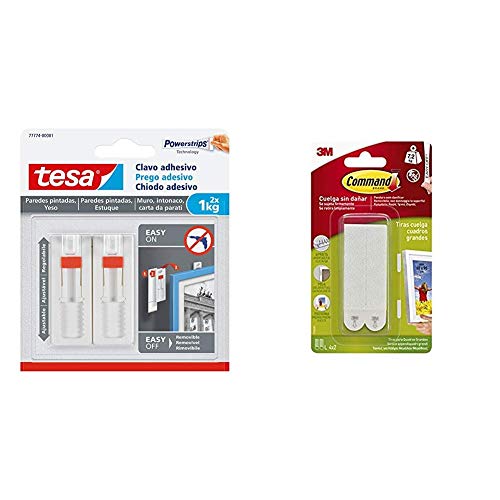 Tesa Clavo adhesivo ajustable, ideal para cuadros, para paredes pintadas y yeso (1 kg) & Command 17206 Pack de 8 Tiras para Cuadros Grandes Color Blanco, Set de 8 Piezas