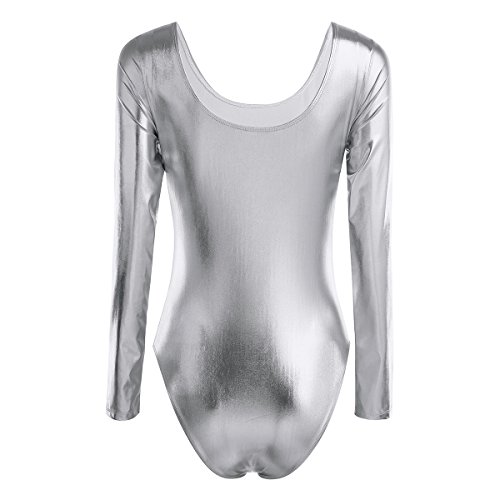 TiaoBug Leotardo Maillot de Danza para Mujer Mono Traje de Charol Brillante Elástica Manga Larga de Ballet Gimnasia Adultas Chicas Plateado Large