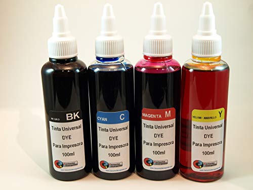 Tinta Universal Compatible para HP, Brother, Canon, Lexmark. 4 X 100ML (Negro+Cyan+Magenta+Amarillo)