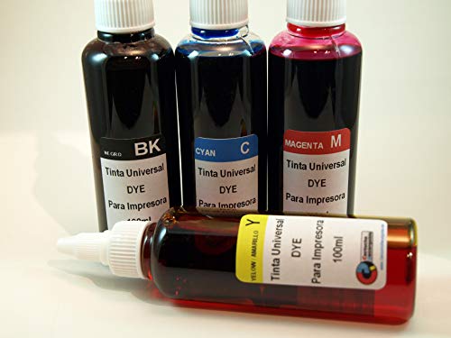 Tinta Universal Compatible para HP, Brother, Canon, Lexmark. 4 X 100ML (Negro+Cyan+Magenta+Amarillo)