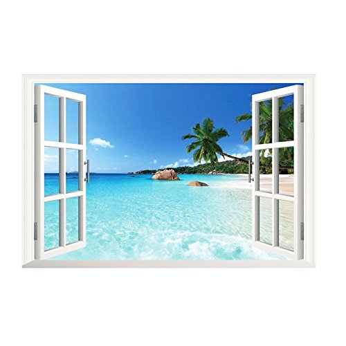 TrifyCore Pegatinas de Pared extraíble 3D Vista al mar Paisaje Vinilo Programa de Papel Tapiz 3D Calcomanías para Ventana Póster Decoración de la Pared Art Mural Pegatina 60cm X 90cm X