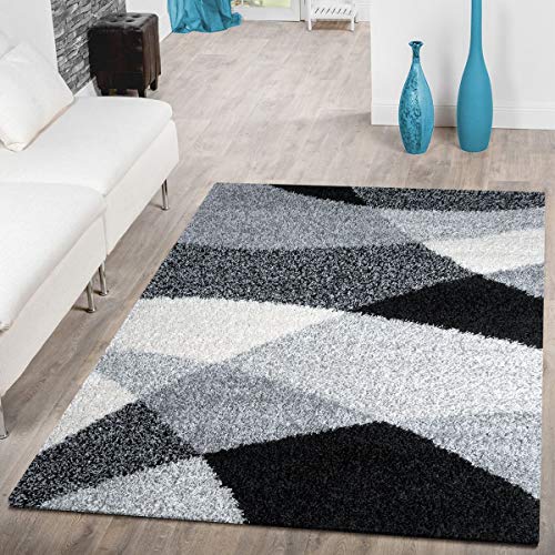 T&T Design Alfombra Shaggy Moderna Pelo Largo Diseño Vigo Negro Gris Blanco Al Mejor Precio, Größe:70x140 cm