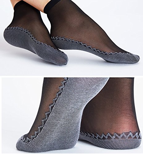 Ueither 12 pares de mujeres sedoso antideslizante de algodón único escarpado tobillo alta medias calcetería calcetines Dedo del pie reforzado (6 Pares Negro 6 Pares Beige)