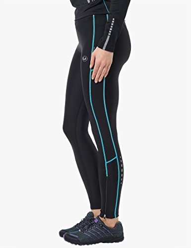 Ultrasport Pantalones largos de correr para mujer, con efecto de compresión y función de secado rápido, Negro/Turquesa, XS