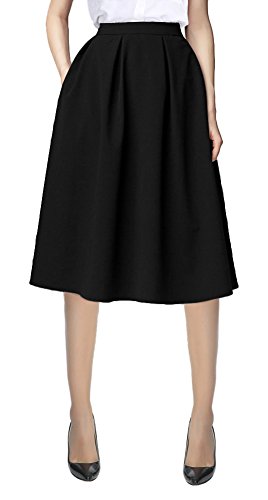 Urban GoCo Mujeres Vintage Falda Midi Plisada A-Line con Bolsillos Faldas Larga Negro M