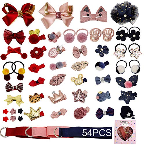 VEGCOO 54 Piezas Clips Pelo Bebe Niña y Gomas del Pelo Elásticos, Multicolor Horquillas Pelo Pinzas Bandas Accesorios para El Cabello con Caja de Regalo para Niña (A)