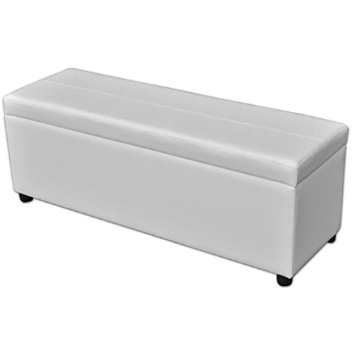 vidaXL Banco Baúl Acolchado Madera Tela PVC Blanco Banquito Cofre de Pasillo