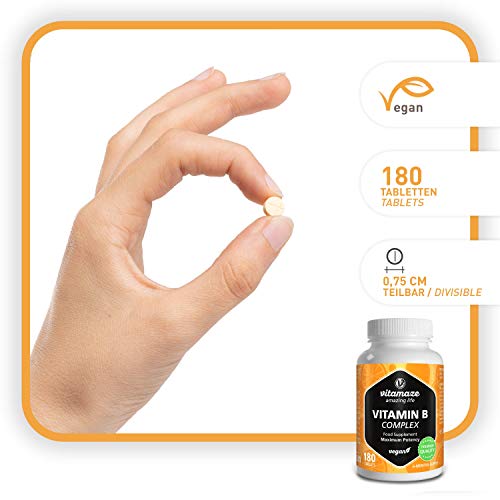 Vitamaze® Vitamina B Complex con 180 Tabletas Veganas de Dosis Alta del para 6 Meses de Suministro B1, B2, B3, B5, B6, B7, B9, B12, Organica Suplemento sin Aditivos Innecesarios, Calidad Alemana