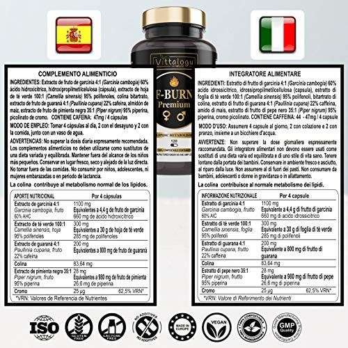 Vittalogy F-Burn Premium. Quemagrasas Potente Con Garcinia Cambogia, Té Verde Y Guaraná. Fat Burner Rápido Y Efectivo Para Adelgazar Con Efecto Termogénico. Sin Aditivos. Vegano. 120 Cápsulas