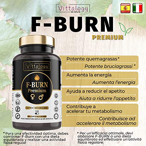 Vittalogy F-Burn Premium. Quemagrasas Potente Con Garcinia Cambogia, Té Verde Y Guaraná. Fat Burner Rápido Y Efectivo Para Adelgazar Con Efecto Termogénico. Sin Aditivos. Vegano. 120 Cápsulas