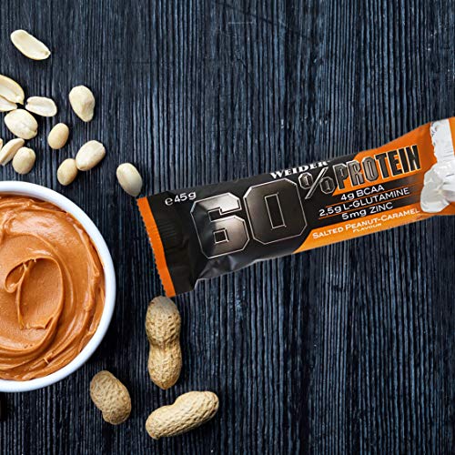 Weider 60% Protein Bar Salted Peanut Caramel 24 x 45 gr. La barrita con más proteína del mercado. Con 4 g de BCAAs por barrita.