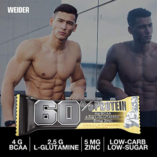 Weider 60% Protein Bar Salted Peanut Caramel 24 x 45 gr. La barrita con más proteína del mercado. Con 4 g de BCAAs por barrita.