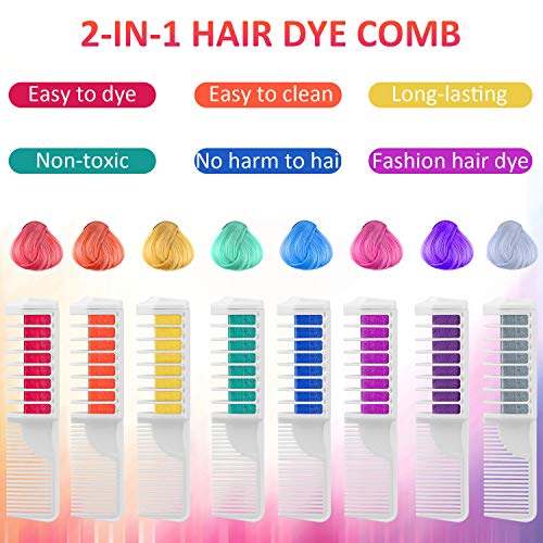 Wolady Coloración Temporal Cabello Tiza Peine Cabello Tinte Cabello 8 Colores 2 en 1 Peine Coloración Color de Cabello con Guantes y Chal Desechable Niños DIY Cosplay Más Adecuado para Cabello Claro