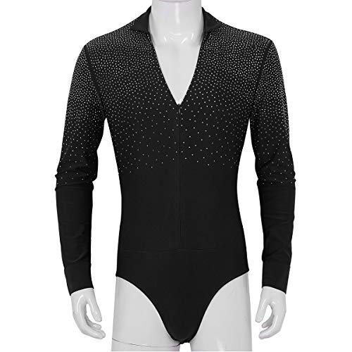 YOOJIA Hombre Camisa de Danza Latina Tango Body Baile Manga Larga Escote Cuello en V con Diamantes Brillante Traje de Bailarina Actuación Negro Large