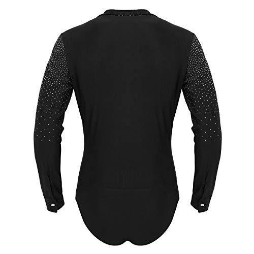 YOOJIA Hombre Camisa de Danza Latina Tango Body Baile Manga Larga Escote Cuello en V con Diamantes Brillante Traje de Bailarina Actuación Negro Large