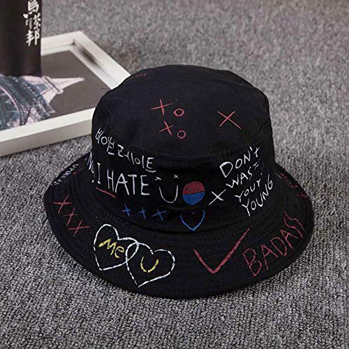 youler Sombrero Pescador, Soft Cotton Sun Cap Creative Graffiti Plegable Bucket Hat Adecuado para Viajes de Pesca al Aire Libre (Negro)