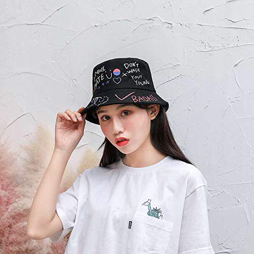 youler Sombrero Pescador, Soft Cotton Sun Cap Creative Graffiti Plegable Bucket Hat Adecuado para Viajes de Pesca al Aire Libre (Negro)