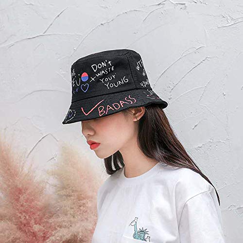 youler Sombrero Pescador, Soft Cotton Sun Cap Creative Graffiti Plegable Bucket Hat Adecuado para Viajes de Pesca al Aire Libre (Negro)