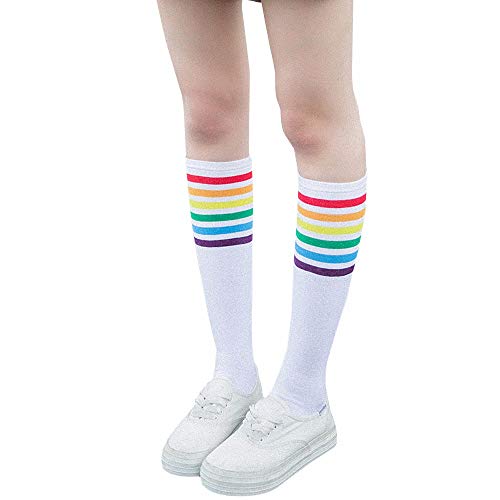 YWLINK 1 Par De Muslo Calcetines Altos Sobre La Rodilla Rainbow Stripe Girls Football Calcetines Negro Blanco Calcetines De Pila De Arco Iris Antideslizante La Moda CóModo