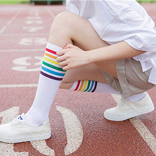 YWLINK 1 Par De Muslo Calcetines Altos Sobre La Rodilla Rainbow Stripe Girls Football Calcetines Negro Blanco Calcetines De Pila De Arco Iris Antideslizante La Moda CóModo