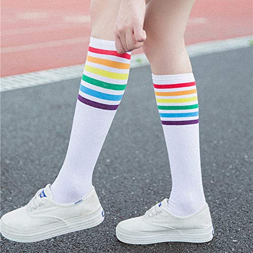 YWLINK 1 Par De Muslo Calcetines Altos Sobre La Rodilla Rainbow Stripe Girls Football Calcetines Negro Blanco Calcetines De Pila De Arco Iris Antideslizante La Moda CóModo