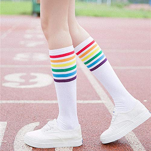 YWLINK 1 Par De Muslo Calcetines Altos Sobre La Rodilla Rainbow Stripe Girls Football Calcetines Negro Blanco Calcetines De Pila De Arco Iris Antideslizante La Moda CóModo