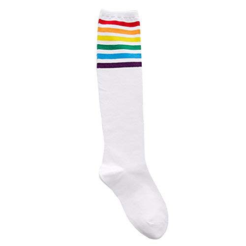 YWLINK 1 Par De Muslo Calcetines Altos Sobre La Rodilla Rainbow Stripe Girls Football Calcetines Negro Blanco Calcetines De Pila De Arco Iris Antideslizante La Moda CóModo