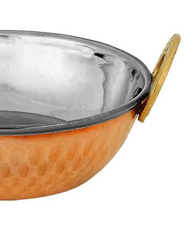 Zap Impex Juego de 2 cuencos indios de cobre y acero inoxidable martillado Karahi y fuente de servir Curry (15 cm)