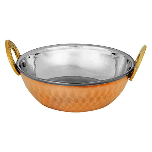 Zap Impex Juego de 2 cuencos indios de cobre y acero inoxidable martillado Karahi y fuente de servir Curry (15 cm)