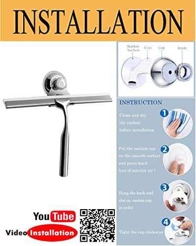 Zindoo Limpiacristales Ducha baño y Ducha Borrador Acero Inoxidable Limpiacristales con Colgador de Pared Baño Borrador +1 Cuchilla de Silicona de Repuesto + 1 Gancho 25x17 cm (LxW)