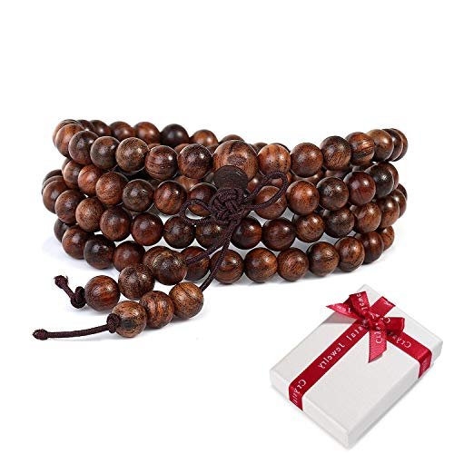 108 Cuentas de madera Cuentas de oración Budismo Pulsera de 6 mm para la meditación de yoga Oración,Marrón Elástico Budista Buda tibetano Mala Cadena Pulseras Collar para mujeres Regalo de hombre