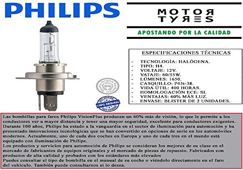 2 BOMBILLAS PHILIPS VISION PLUS H4 12V 60/55W +60% LUZ LAMPARA P43t-38 COCHE MOTO