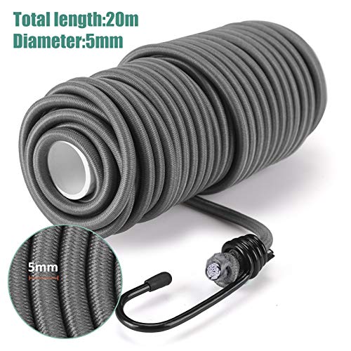 20 m de cuerda elástica segura, cuerdas elásticas y fijaciones, 5mm de color gris, resistente, resistente y versátil, perfecto para transporte, bricolaje, bicicleta y carga