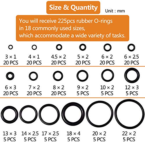 225 Unidades Junta Tórica De Goma, Juego De Juntas Tóricas, 18 Tamaños Surtidos Kit De Juntas, Plomería Hidráulica Juntas Para Sellado De Arandela De Fontanería y Reparación Rápida Automática