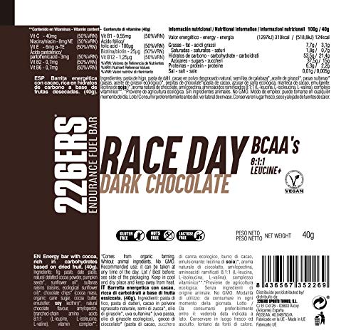 226ERS Endurance Fuel Bar Race Day BCAA's | Barritas Energéticas Veganas para Mayor Resistencia con BCAA's 8:1:1 y Multivitaminas, Chocolate Negro - 30 barras x 40 gramos