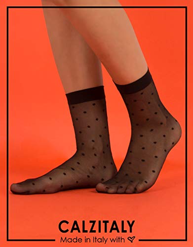 3 PARES CALCETINES SEMI TRANPARENTES DE MUJER A LUNARES Y RAYAS | NEGRO, CRUDO | CALCETERÍA ITALIANA | (3 PARES - NEGRO)