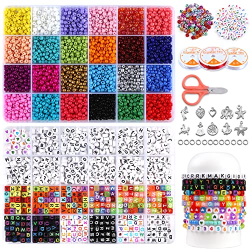 5200Cuentas de Colores abalorios pulseras，4mm 3800 Cuentas de Colores 24 Colores，6mm 1200 Cuentas Abalorios Letras y varios kit para hacer pulseras