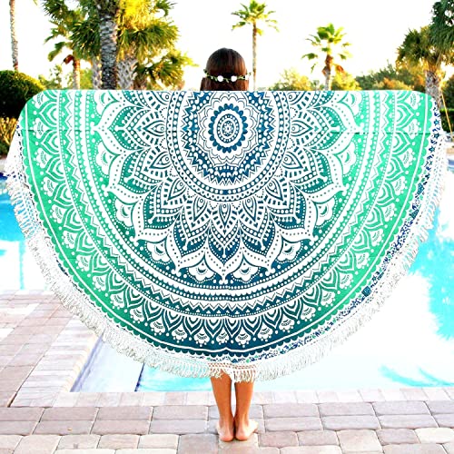 Aakriti Toalla de playa redonda con degradado estilo mandala indio, tapiz hippy, boho, mantel de algodón, mantel para picnic, esterilla de yoga, chal redondo, 182 cm, algodón, Verde, 180 cm