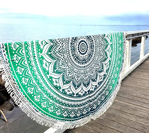 Aakriti Toalla de playa redonda con degradado estilo mandala indio, tapiz hippy, boho, mantel de algodón, mantel para picnic, esterilla de yoga, chal redondo, 182 cm, algodón, Verde, 180 cm