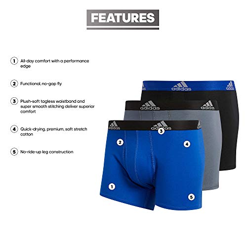 adidas Men's Stretch Cotton Trunk Underwear (3-Pack) Boxed, Bold Blue/Onix Grey/Black, Medium