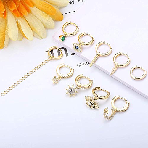 Adramata 10-16 Piezas Chapadas En Tono Dorado Pequeños Conjuntos De Pendientes Colgantes Para Mujer Mini Pendientes Colgantes De Aro CZ Huggie Pendientes De Aro Gold Moon Star Evil Eye Hoop