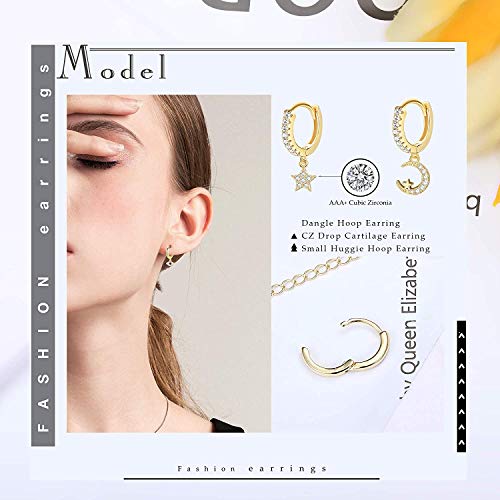 Adramata 10-16 Piezas Chapadas En Tono Dorado Pequeños Conjuntos De Pendientes Colgantes Para Mujer Mini Pendientes Colgantes De Aro CZ Huggie Pendientes De Aro Gold Moon Star Evil Eye Hoop