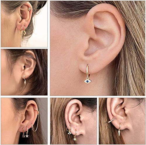 Adramata 10-16 Piezas Chapadas En Tono Dorado Pequeños Conjuntos De Pendientes Colgantes Para Mujer Mini Pendientes Colgantes De Aro CZ Huggie Pendientes De Aro Gold Moon Star Evil Eye Hoop