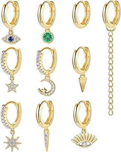 Adramata 10-16 Piezas Chapadas En Tono Dorado Pequeños Conjuntos De Pendientes Colgantes Para Mujer Mini Pendientes Colgantes De Aro CZ Huggie Pendientes De Aro Gold Moon Star Evil Eye Hoop