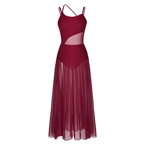 Agoky Vestido de Danza Mujer Clásica Maillots Ballet Baile Leotardo Gimnasia con Tutú Falda Larga de Gasa para Danza Contemporanea Sevillanas Flamengo Niñas Vino Rojo X-Small