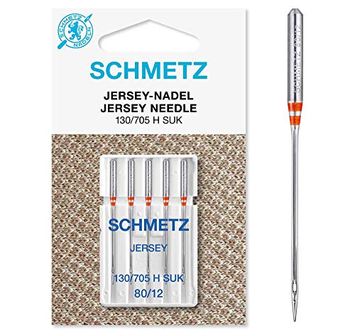 Agujas SCHMETZ para máquinas de coser | 5 Agujas para Jersey | 130/705 H SUK | Grosor de aguja 80/12 | Compatibles con todas las máquinas de coser domésticas convencionales | Indicadas para trabajos con tejidos de punto y jersey.