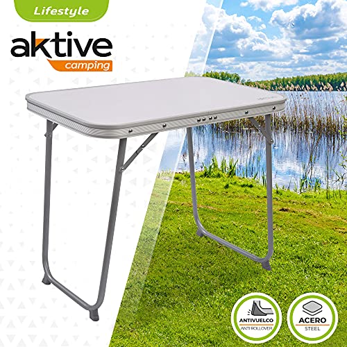 Aktive 52870 - Mesa camping plegable, Mesa ligera, patas plegables, medidas 60x40x50 cm, madera MDF, estructura de acero, color blanco, asa de transporte