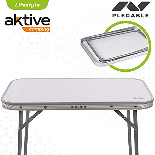 Aktive 52870 - Mesa camping plegable, Mesa ligera, patas plegables, medidas 60x40x50 cm, madera MDF, estructura de acero, color blanco, asa de transporte